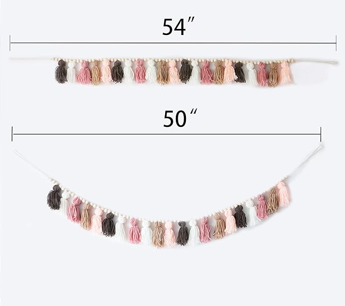 Decocove Tassel Garland - Boho Tassel Garland with Wood Beads - Wall Decor for Dorm, Girls Room and Nursery Room (50 inch)