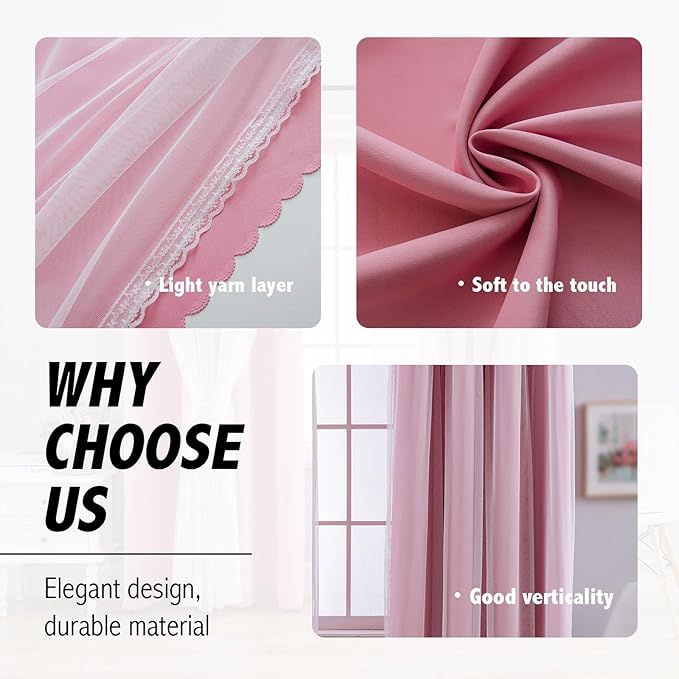 Anytime Home Curtains Blackout and Sheer Layered Solid Window Curtain Panel Pair with Grommet Top, 52Wx95L,Pink