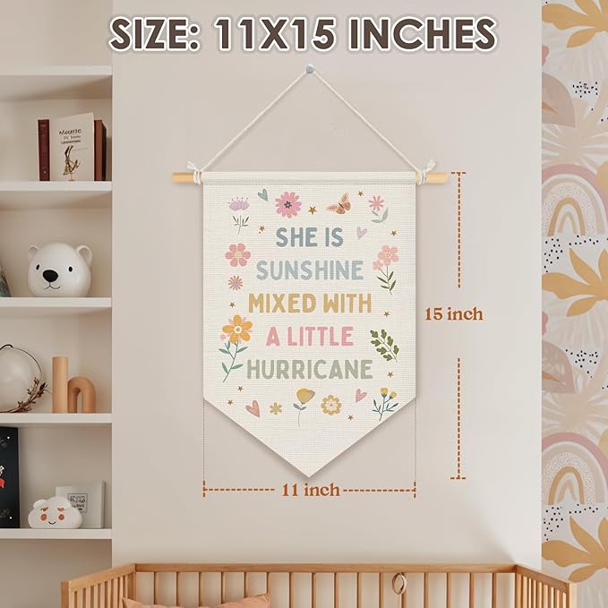 Wheatwin Baby Girl Nursery Decor, Girls Room Wall Hanging Pennant Flag Banner, Pastel Floral Wall Decor Gifts for Girls Toddler Room Playroom 15x11 Inch