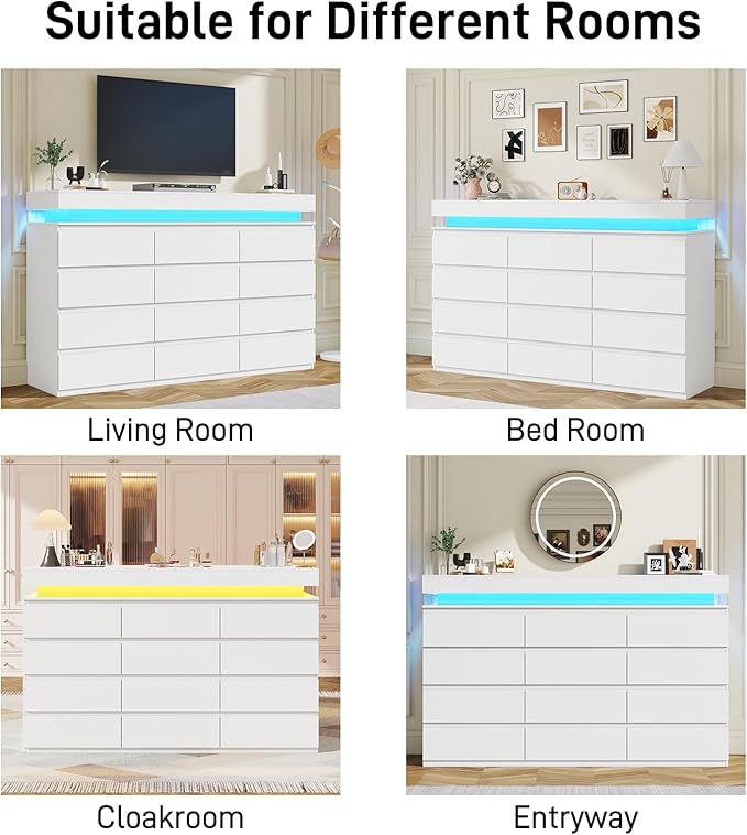 12 Drawer Dresser for Bedroom, 70" Wide 44" Tall Dresser with LED Light & Charging Station, Modern Chest of Drawers for Closet, Living Room, Entryway, Hallway (White, 12 Drawers)