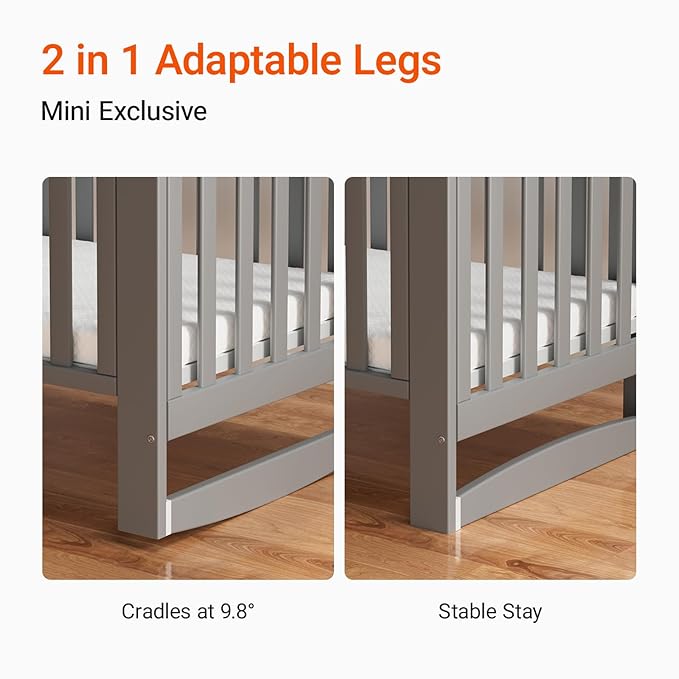 MAMAZING EvoNest Baby Crib, 11 in 1 Convertible Mini Crib with Wheels, 100% New Zealand Wood Growing Bed, 4 Adjustable Mattress Height,Grey
