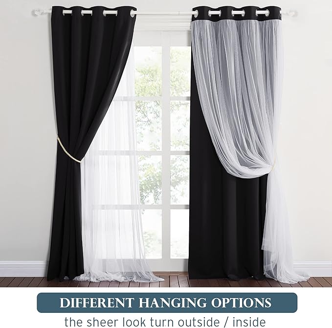 PONY DANCE Black Blackout Curtains for Living Bedroom with White Sheer Overlay Light Blocking Drapes for Kids Room Darkening with Tiebacks, cortinas para sala modernas (52x84 inches, Black, 2 Pieces)