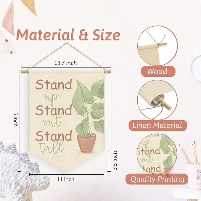 Plant Classroom Decor, Stand Up Out Tall Inspirational Linen Canvas Banner, Positive Affirmations Wall Hanging Pennant Flag Banner for Greenery Classroom Playroom Homeschool Decor, 15x11in,