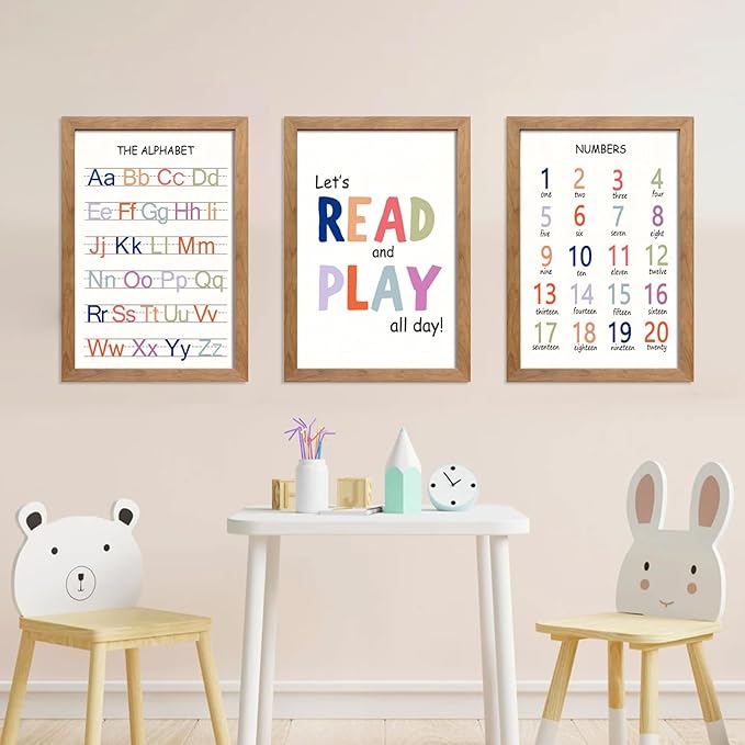 Cute Alphabet Numbers Framed Wall Art Set of 3, Boho Educational ABC Poster Wooden Sign for Baby Girl Kid Boy Toddlers, Neutral Preschool English Letters Nursery Decor for Homeschool Playroom Daycare