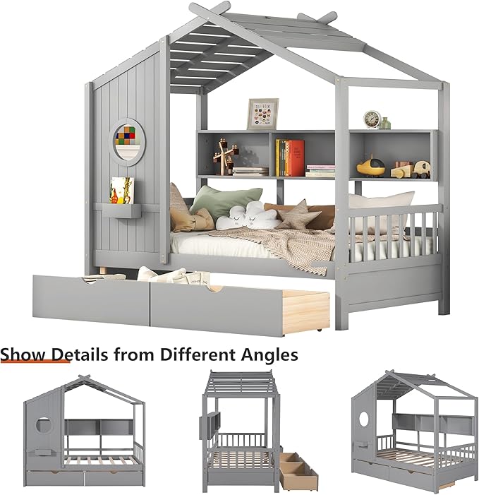 Twin Bed Frames for Kids, House Bed with Window and Fence, Wood Platform Bed Frame with Drawers and Shelves, Playhouse Bed for Boys Girls, Gray, 78" L x 42.7" W x 72" H