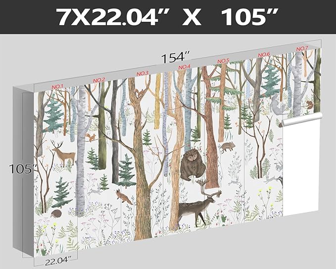 XMPMBM-Cartoon Hand-Painted Animals Woodland Nursery Room Fabric Wallpaper Graffiti Pine Forest Kids Gaming Room Wall Mural-W 154" X H 105"(112 Square Foot)