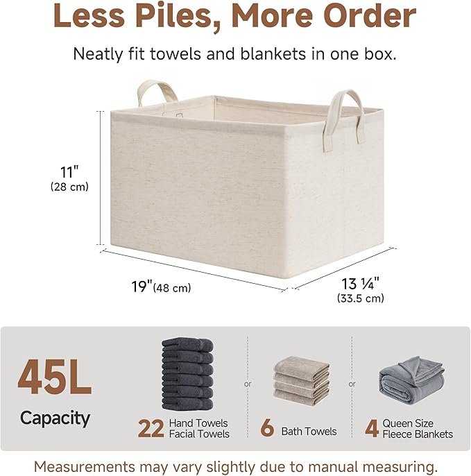 StorageWorks Storage Bins, Shelves Baskets for Organizing, 45L Extra Large Fabric Closet Organizers with Handles, Metal Frame, Beige(Cotton-linen), 2-Pack