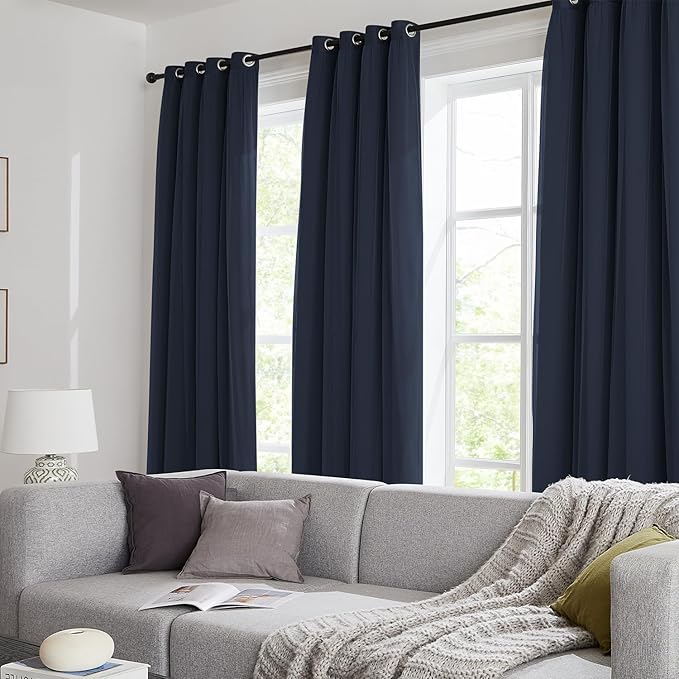 100% Blackout Curtains for Bedroom, Double Layer Navy Blue Curtains, Black Out Curtain 63 inch long With Sheer Overlay for Living Room, Room Darkening Window Drapes with Grommet, 52"W x 63"L