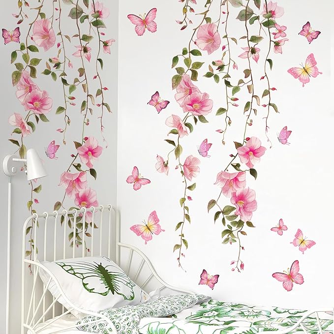 2 Sheets Removable Hanging Pink Vine Flowers Wall Decal Green Leaves Wall Decal DIY Pink Butterfly Stickers Self-Adhesive Art Decor for Girls Room Living Room Bedroom TV Backdrop Decor