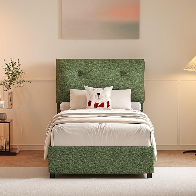 Twin Size Bed Frame, Cloud Boucle Upholstered Bed Frame with Headboard, Twin Bed Frames for Kids, Adjustable Headboard, No Box Spring Needed, Easy Assembly, Green