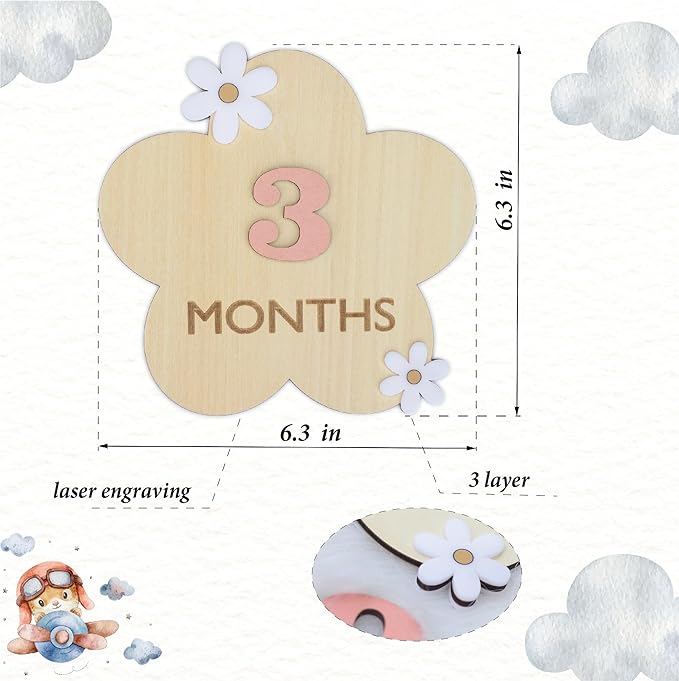 Daisy 3D Baby Monthly Milestone, Wooden Baby Milestone Signs, Monthly Milestone Wood Discs, Baby Milestone Discs (3D Flower)