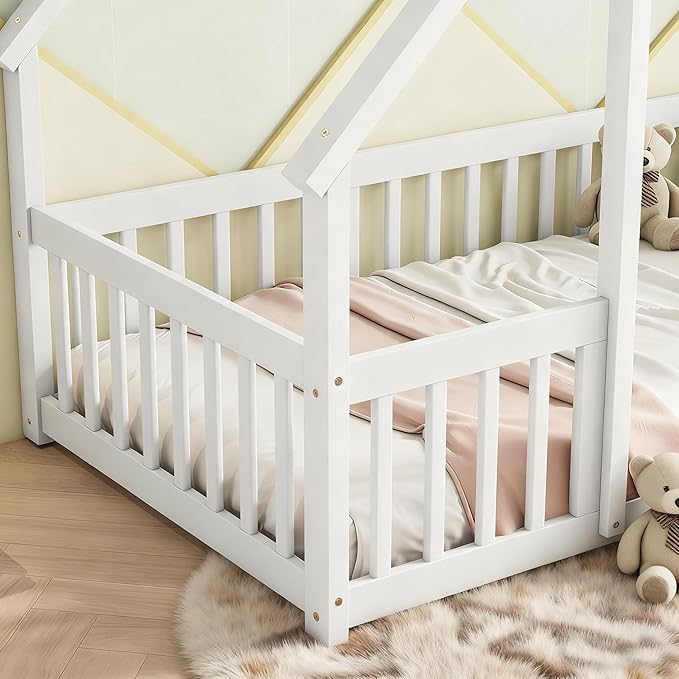 Casaphoria Twin Size House-Shaped Montessori Bedframe, Solid Pine Wood Kids Bed Frame, Toddler Floor Bed with Door & Fence for 1-3 Years Old Kids, White
