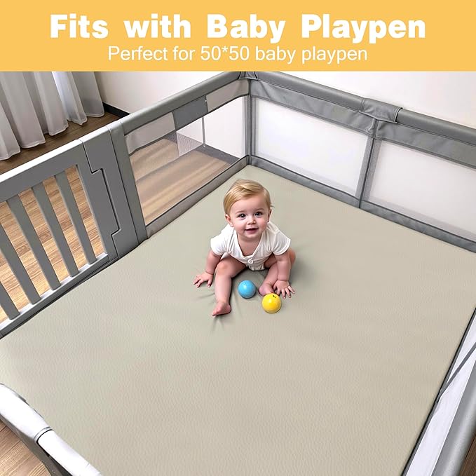 Padded 50" ×50" Large Baby Play Mat for Floor, 1.2" Thick Memory Foam Playmat with Soft Vegan Leather Cover, Cushioned Play Mat for 50" x50" Playpens, Grey