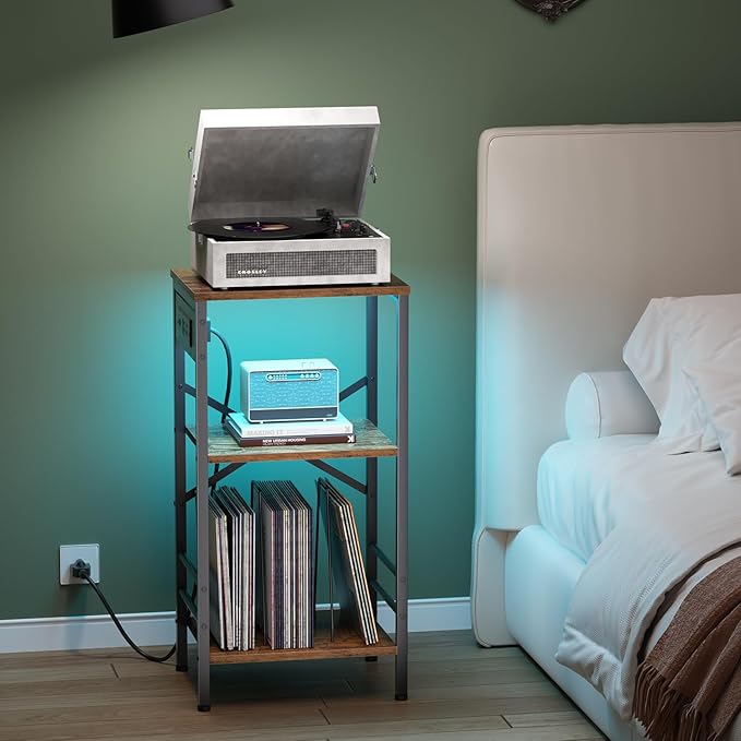 Record Player Stand with Charging Station, 3-Tier End Table with LED Light, Side Table Nightstand for Vinyl Storage,Tall Beside Tables Turntable Stand Living Room, Bedroom, Rustic Brown