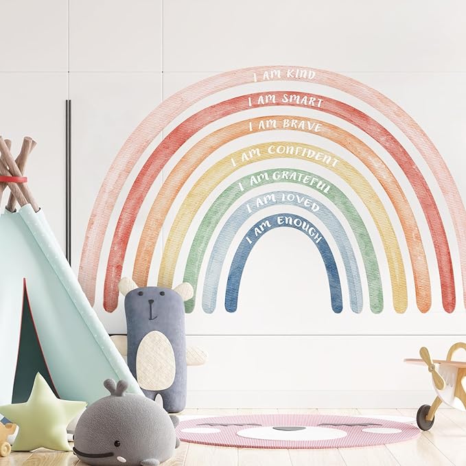 Tinideya 76.77x47.24'' Watercolor Large Rainbow Wall Decal Classroom Wall Decor with Inspirational Quote Peel and Stick Stickers Waterproof Wallpaper for Girls Kids Bedroom Nursery Playroom(Cute)
