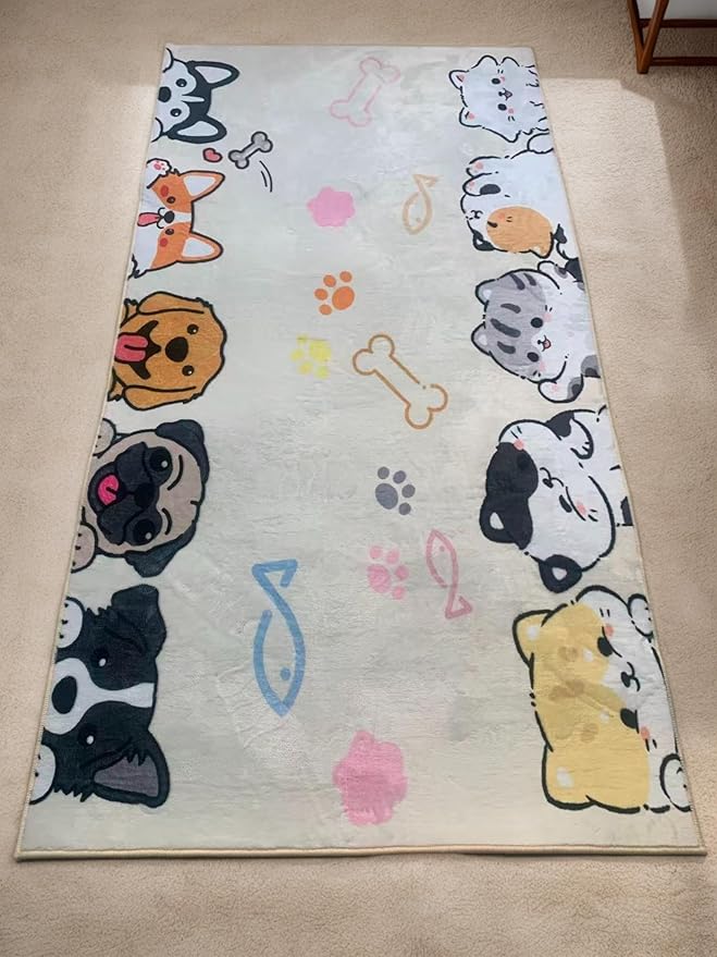 Washable Cute Rugs for Living Room Bedroom Kids Room Decor, 63"x 31.5" Soft Dog Kitty Pattern Carpet Rugs Toddler Nursery Floor Playmat Non-Shedding, Teen Girls Boys Bedside Rug Neutral