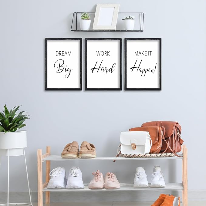 LuZhiQiang Inspirational Positive Wall Decor 16"×11" Dream Big Work Hard Make it Happen Sign Set Of 3 Large Wood Framed Motivational Quotes for Office Living Room Home Art Women Hanging (Black)