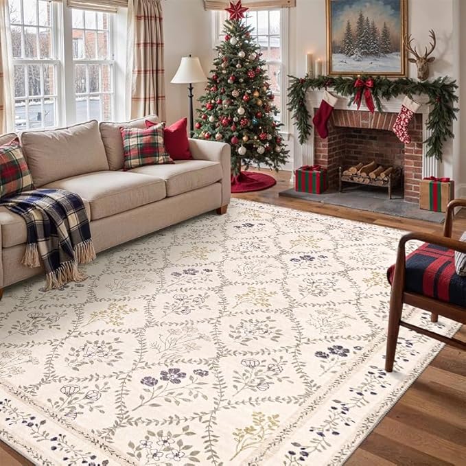 YIHOUSE Beige Floral Print Rugs, Moroccan Trellis 10x14 Washable Large Rug, Modern Pastel Non Slip Ultra-Thin Area Rug for Classroom, Nursery Playroom,Dorm,Bedroom,Living Room, Beige Multi