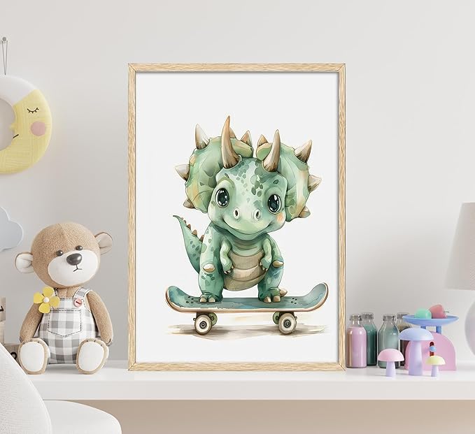 Funny Dinosaur Nursery Canvas Wall Art Surfing Skateboard Riding Dinosaur Painting Picture Wall Decor Sport Nursery dinosaur Print Artwork Poster Print Artwork for Boys Room Girls Room Home Decoration