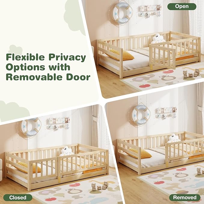 KOMFOTT Twin Size Wood Floor Bed with Door & 21.5” Fence, Montessori Bed Frame with Full Length Safety Guardrails, Door & Latch, Wooden Montessori Floor Bed for Kids, Girls, Boys