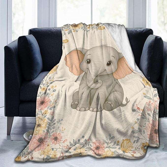 Elephant Blanket Cute Elephant Floral Throw Blanket Soft Cozy Fleece Fuzzy Plush Warm Stuff Animal Bedding Nursery Toddler Baby Blankets Gifts for Boys Girls Kids Adult Men Women 40"X50"