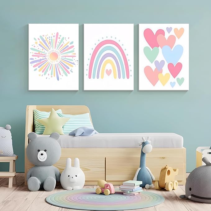 Dytial 3 Piece Toddler Girl Room Decor, Rainbow Wall Decor for Girls Bedroom, Colorful Boho Sunshine Paintings for Nursery Decor, Kids Room Wall Decor, Classroom Decoration 12x16 Inch