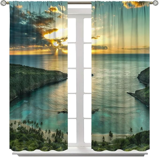 Ocean Beach Curtains,OceanMorning Sunrise Hawaiian Seaside Scene Pattern Blackout Print Home Bedroom Living Room Window Treatments 2 Panel Set 42x54 Inch
