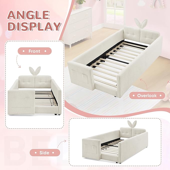 Twin Size Kids Bed with Rabbit Ear Headboard, Upholstered Boucle Fabric Twin Daybed with Slats Support & Side Pockets, Space-Saving Wooden Corner Sofa Couch Bed Frame, for Girls, Boys, Teenager(Beige)