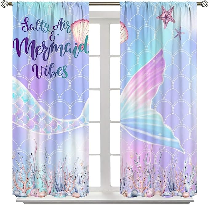 Fantasy Mermaid Curtain Colorful Rainbow Fish Tail Ocean Theme Beautiful Kids Window Treatment for Girls Bedroom Nursery Room Decor Rod Pocket Window Drapes 42x63in