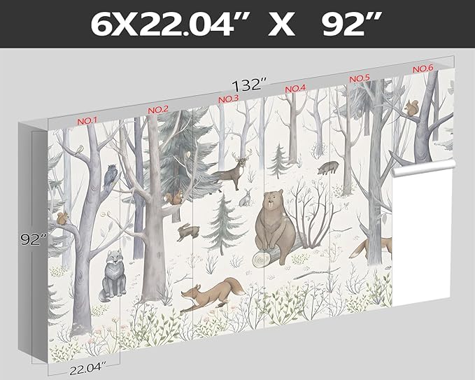 XMPMBM-Cartoon Hand-Painted Animals Woodland Nursery Room Fabric Wallpaper Graffiti Pine Forest Kids Gaming Room Wall Mural-W 132" X H 92"(93 Square Foot)