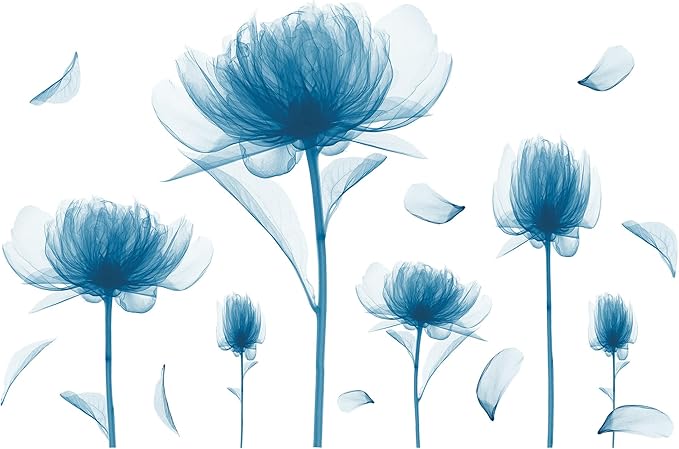 6 PCS Blue Lotus Blossom Floral Wall Stickers Romantic Painting Art Decor Flowers Bud Wall Decals Vinyl Removable Peel and Stick for Living Room Nursery Room Bedroom Office Bathroom Wall Decoration