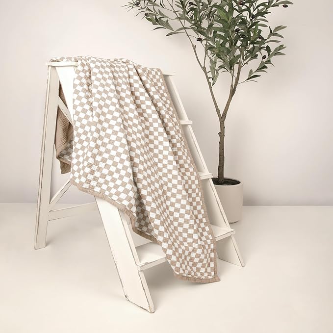 lulumoon Muslin Checkered Baby Blankets:Lightweight Cotton Toddler Blanket - Ideal for Stroller 47"x47"(Caramel Checkered)