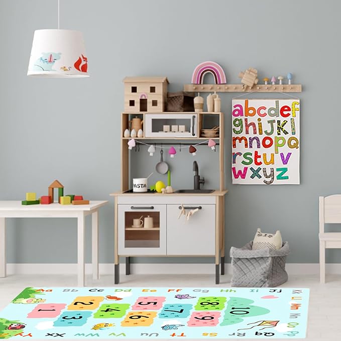 Cute Educational ABC Alphabets Hopscotch Rugs for Kids Room Playroom Bedroom, Chic Soft Hop & Count Numbers Learning Rug for Classroom, Washable Toddler Baby Nursery Carpet Rug 63"x31.5" Blue
