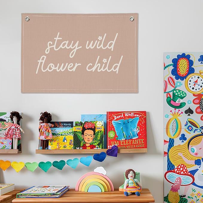Pink Girls Room Nursery Decor, Stay Wild Flower Child Linen Canvas Banner Wall Hanging Flag Decor for Little Toddler Baby Girls Room Playroom, Baby Shower Girl Decorations