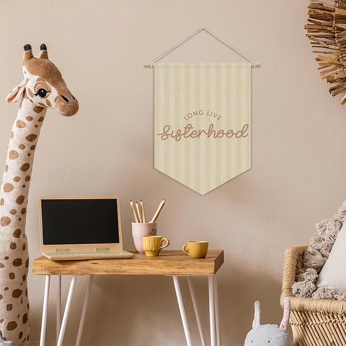 Girls Room Decor, Long Live Sisterhood Girl Nursery Linen Canvas Banner, Neutral Striped Wall Hanging Pennant Flag Banner for Girl Nursery Kids Room Bedroom Dorm Playroom Decor, 15x11in