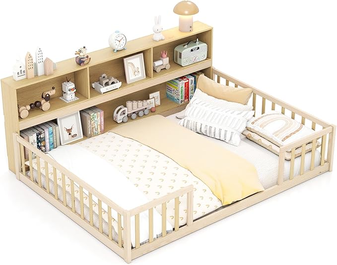 KOMFOTT Full Floor Bed with Bookcase & Shelves, Wood Bed Frame with Bedside Bookshelves & Guardrails, Versatile 2-in-1 Montessori Floor Bed for Kids (Full,Natural)