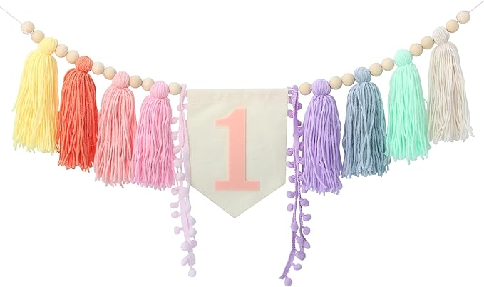Boho Macaron Handmade Extended 1st Birthday High Chair Banner Wild One First Highchair Banner for Baby Girls Wood Bead Tassel Garland 1 Birthday Party Decorations Photo Props 6