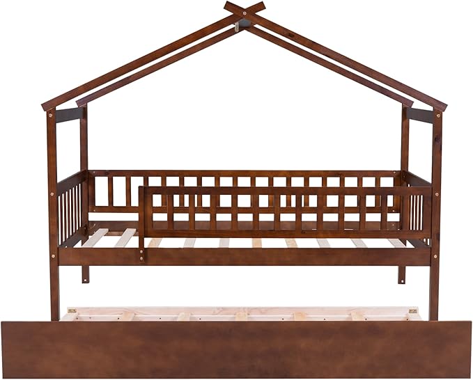 Harper & Bright Designs Twin House Bed with Trundle, Kids Twin Platform Frame Rails and Roof, Tent Bed, Wood Playhouse Twin Montessori for Teens Girls & Boys, No Box Spring Needed (Walnut)