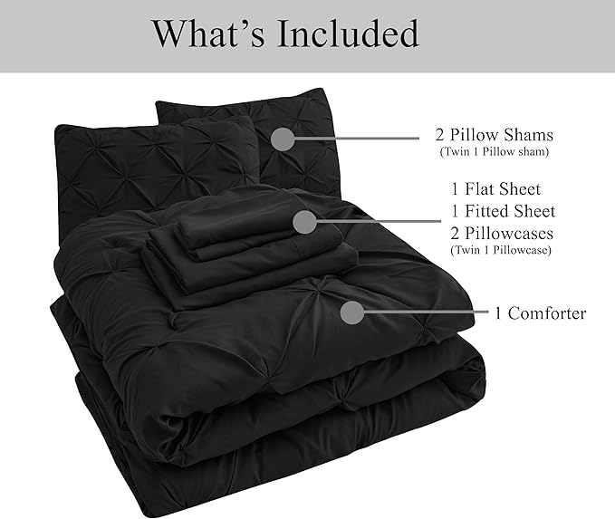 LANE LINEN Comforter Set - 7 Piece Complete Set Including Sheets, Pillowcases, Shams - Soft Premium King Size Bed in a Bag Set, Pintuck - Black
