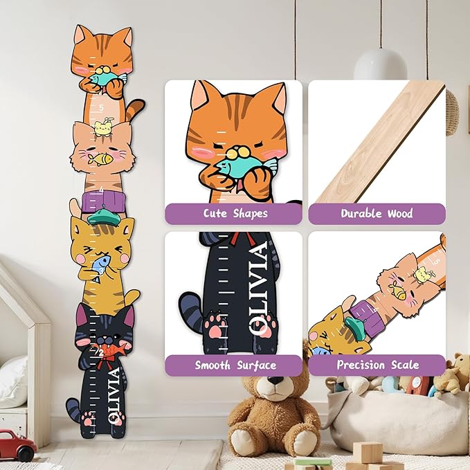 Personalized Name Growth Chart for Kids, Kitten Eating Fish Wooden Height Chart for Wall, Height Measurement for Wall Kids Height Wall Chart Kids Room Nursery Wall Decor
