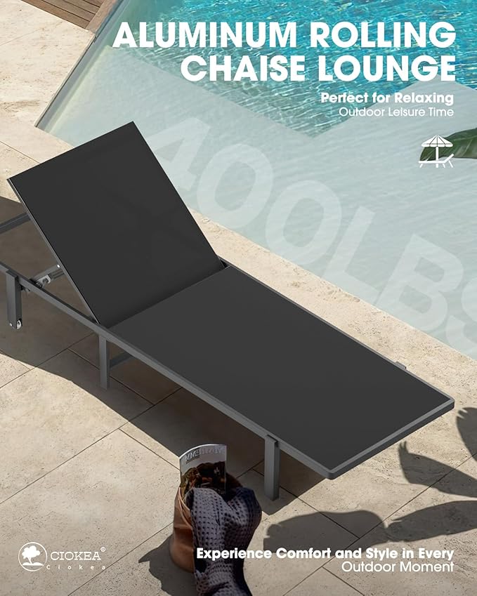 Ciokea Patio Chaise Lounge Chair Set of 2, Outdoor Lounge Chairs with Wheels, 5-Position Adjustable Sun Loungers for Pool, Deck, Beach, Black