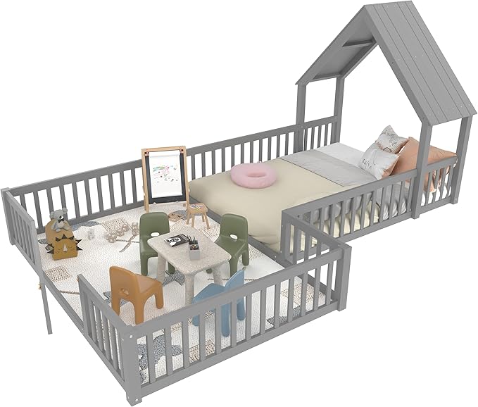 Harper & Bright Designs Full Size House Shaped Double Floor Bed with Door and Full-Length Guardrails, Solid Wood Kids Montessori Floor Bed for Girls Boys, Multi-Function, Grey