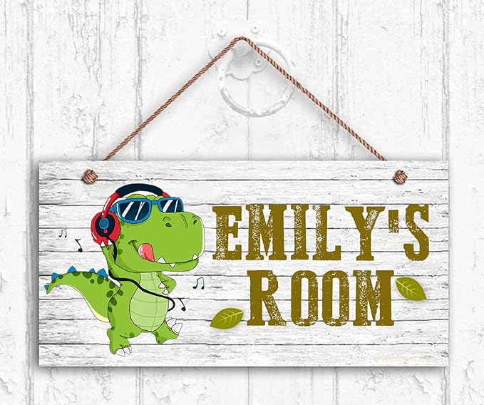 Personalized Wood Door Sign for Boys Nursery Bedroom, Custom Cartoon Dinosaur Wall Decor, Dino Wooden Hanging Wall Art