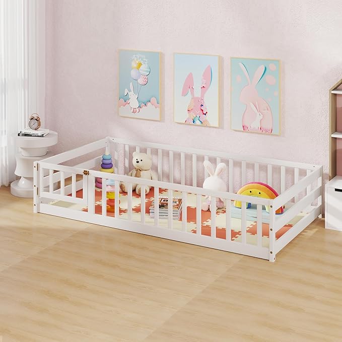 Giantex Twin Floor Bed with Door & Fence, Kids Wood Montessori Beds with Safety Guardrails, Floor Bed Twin for Kids, Boys, Girls, No Box Spring Needed, White