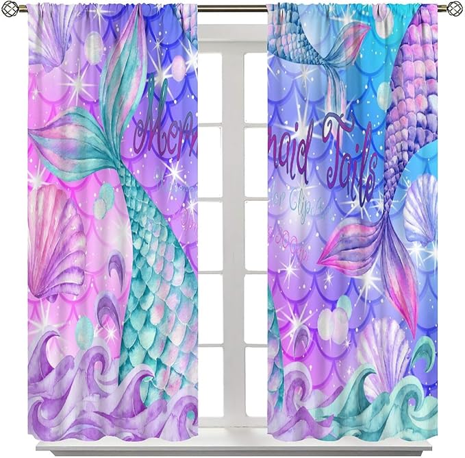 Dream Mermaid Curtain Colorful Mermaid Shell Ocean Theme Fantasy Blackout Curtains for Kids Boys Girls Bedroom Nursery Room Decor Rod Pocket Window Drapes 63x72in