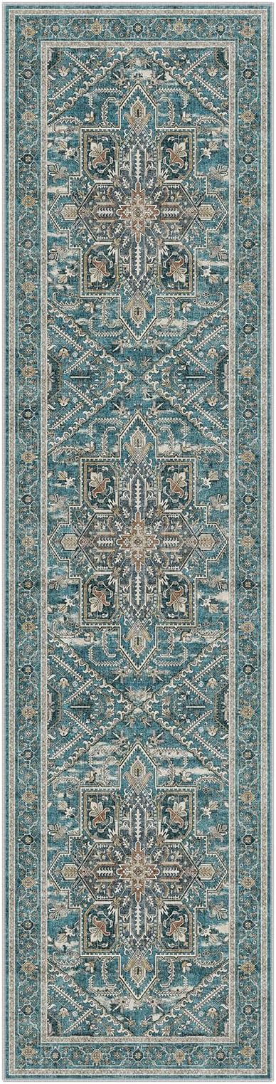 WITSHOCK 2x8 Teal Runner Rug for Hallway, Washable Rug Distressed Boho Soft Low Pile Stain Resistant Foldable Carpet for Kitchen Entryway Indoor Entrance Laundry Vintage Farmhouse Home Decor