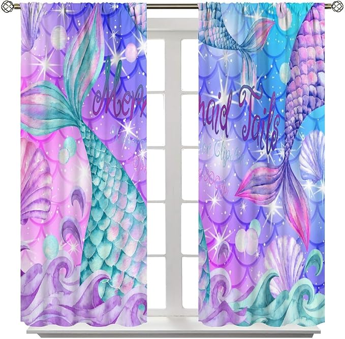 Dream Mermaid Curtain Colorful Mermaid Shell Ocean Theme Fantasy Blackout Curtains for Kids Boys Girls Bedroom Nursery Room Decor Rod Pocket Window Drapes 42x63in