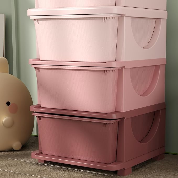 Qaba 4 Tier Kids Storage Unit, 4 Drawer Chest Toy Organizer Plastic Bins for Kids Bedroom Nursery Kindergarten Living Room for Boys Girls Toddlers, Pink