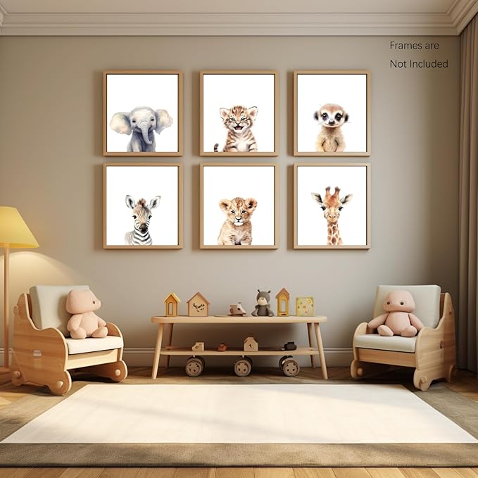 Wodkwq Nursery Wall Art Safari Animal Canvas Prints Baby Girl Boy Room Decor Poster Pictures Cute Jungle Theme Toddler Room Decoration Painting Set of 6 for Kids Bedroom Bathroom 8x10in Unframed