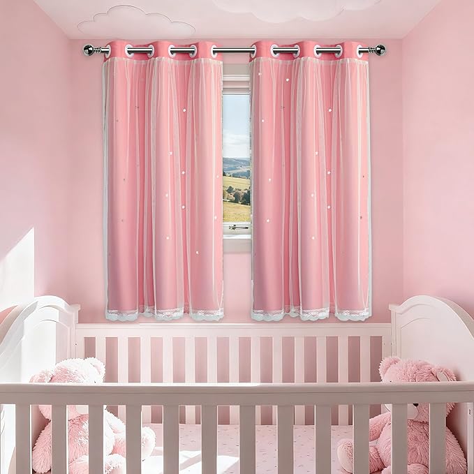 Pink Curtains for Girls Bedroom Cute - Aesthetic Star Cutout Blackout Double Layer with Sheer Overlay, 60 Inch Length 2 Panels Kids Room Curtain Baby Nursery Decor Short Drapes